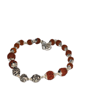 Unisex sterling silver chain bracelet with natural Rudraksha beads and intricate silver detailing on a black background.
