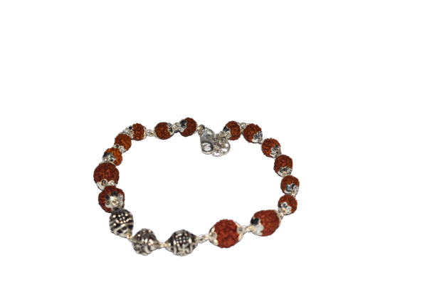 Unisex sterling silver chain bracelet with natural Rudraksha beads and intricate silver detailing on a black background.