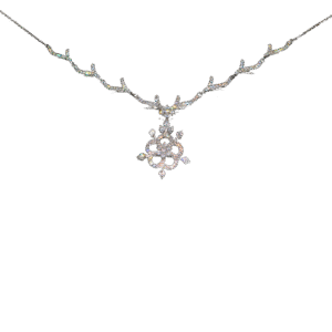 Sterling silver women’s necklace set with floral cubic zirconia pendant and matching earrings on a vine-inspired chain.