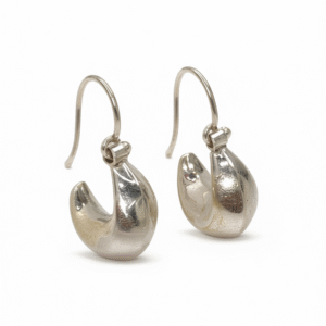 A pair of polished sterling silver teardrop hoop earrings, shown from the front against a white background